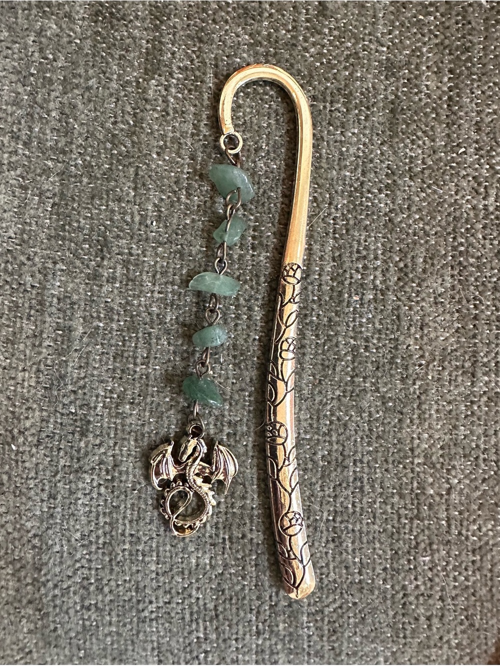 Antique Silver-Tone Dragon Bookmark with Green Stone Dangles